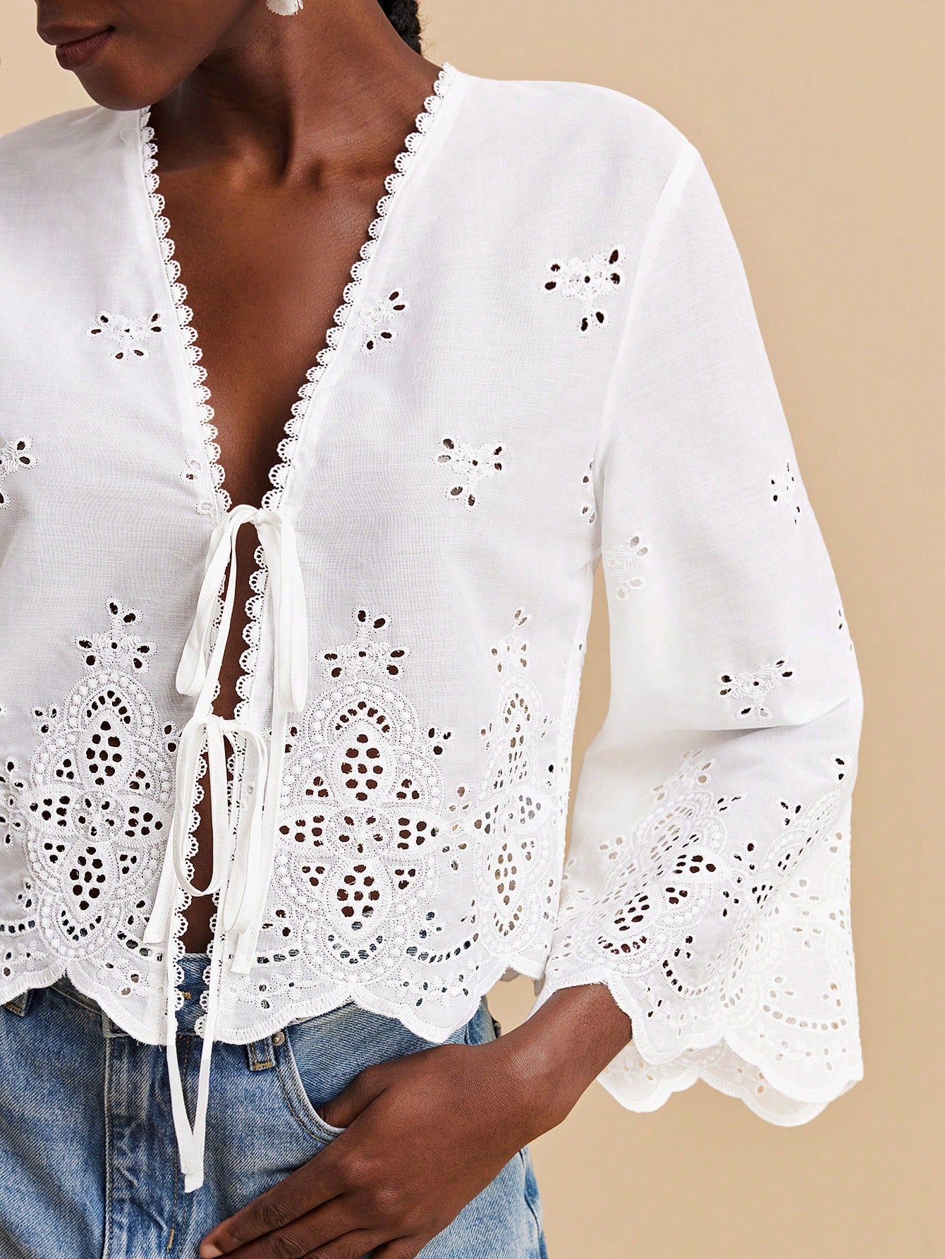 Travachic Deep V Neck White Summer Boho Holiday Vacation Blouse For Women,Eyelet Lace Embroidery Tie Front Top With Flare Sleeves,Elegant Woven Beachwear Top