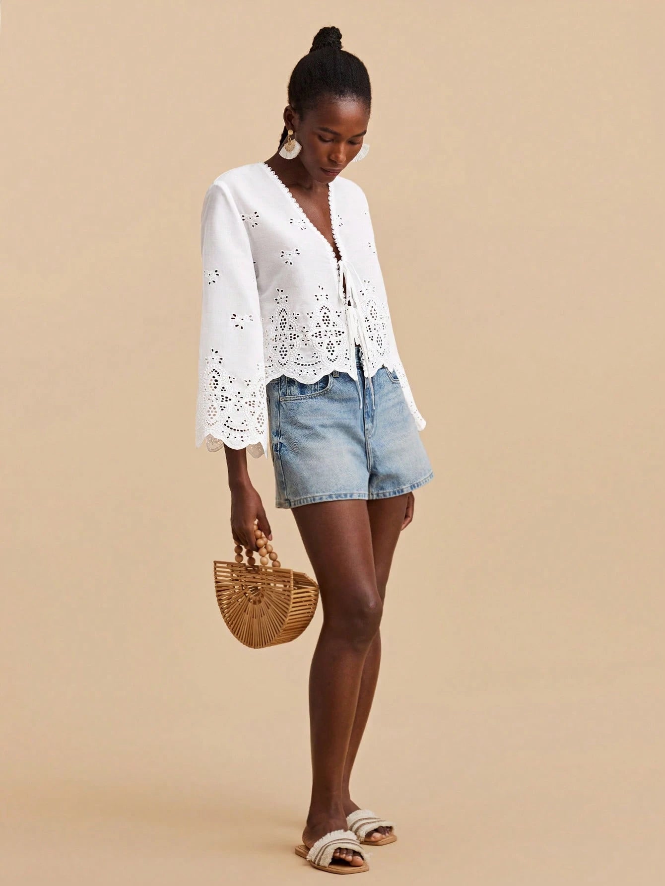 Travachic Deep V Neck White Summer Boho Holiday Vacation Blouse For Women,Eyelet Lace Embroidery Tie Front Top With Flare Sleeves,Elegant Woven Beachwear Top