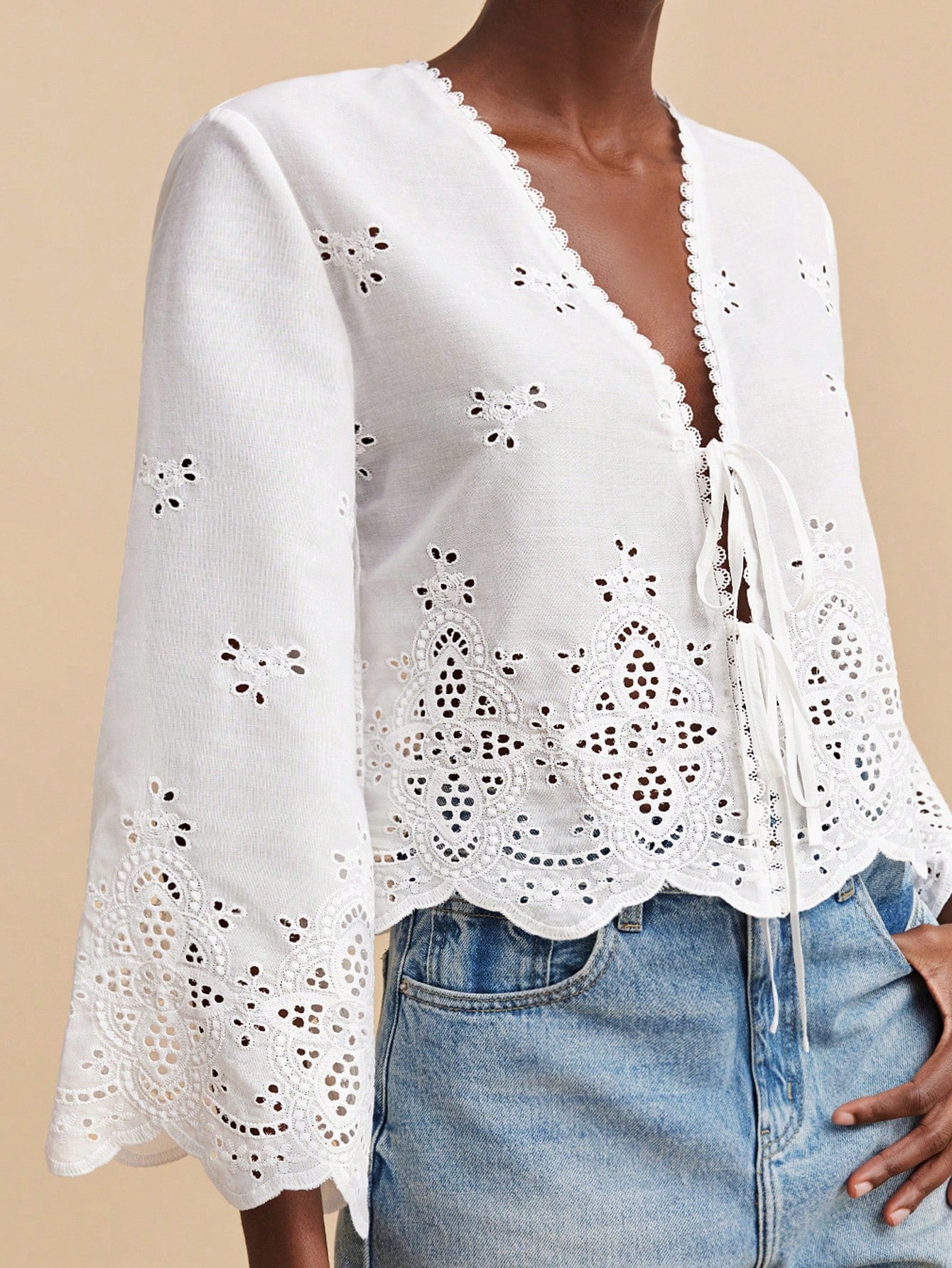 Travachic Deep V Neck White Summer Boho Holiday Vacation Blouse For Women,Eyelet Lace Embroidery Tie Front Top With Flare Sleeves,Elegant Woven Beachwear Top