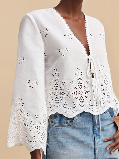 Travachic Deep V Neck White Summer Boho Holiday Vacation Blouse For Women,Eyelet Lace Embroidery Tie Front Top With Flare Sleeves,Elegant Woven Beachwear Top