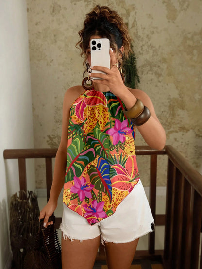 Travachic Plus Size Casual Vacation Style All-Over Print Asymmetric Hem Halter Neck Top Summer Tropical Tops