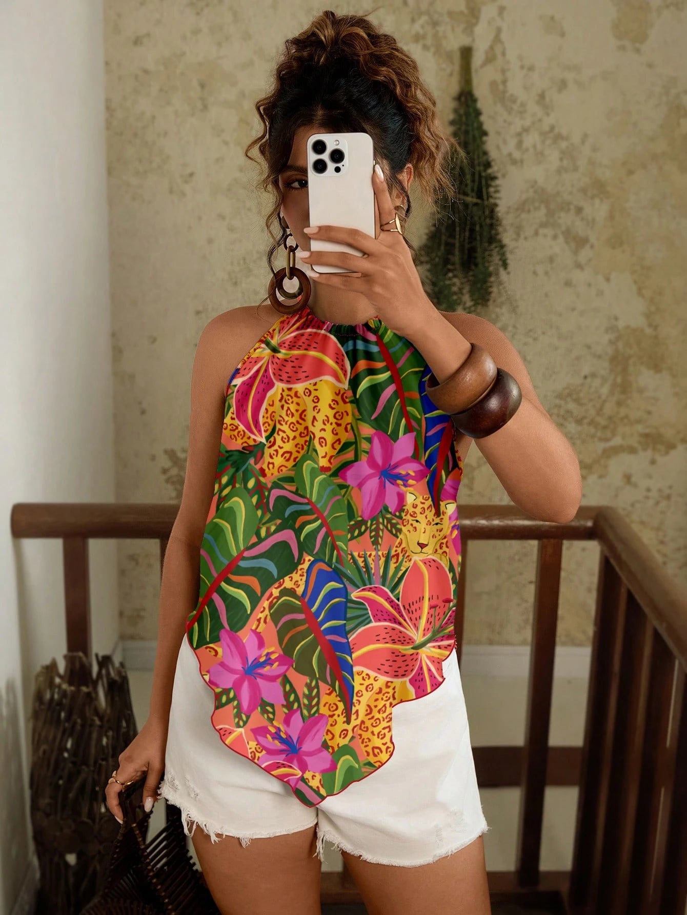 Travachic Plus Size Casual Vacation Style All-Over Print Asymmetric Hem Halter Neck Top Summer Tropical Tops
