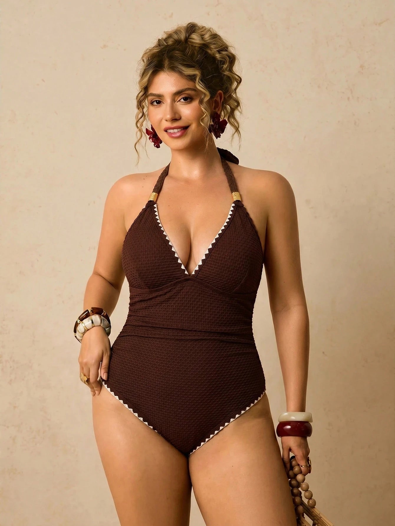Travachic Plus Size Women's Cold-Shoulder One-Piece Swimsuit, Asymmetric Design With Floral & Leopard Print, Suitable For Beach Vacation, Spring/Summer One-Piece Swimsuit For Women Summer Outfits For