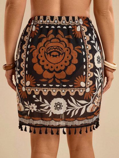 Travachic Plus Size Women's Summer Short Cover-Up Skirt, Tropical Beach Vacation Casual Wear, Ruched Tassel Colorful Paisley Pattern Stretch Knit Mesh Fabric