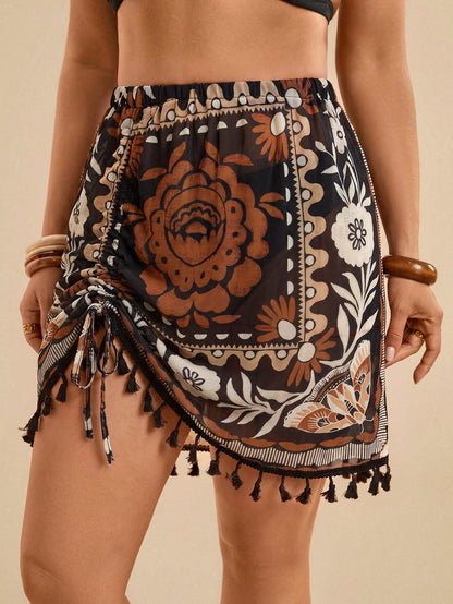 Travachic Plus Size Women's Summer Short Cover-Up Skirt, Tropical Beach Vacation Casual Wear, Ruched Tassel Colorful Paisley Pattern Stretch Knit Mesh Fabric