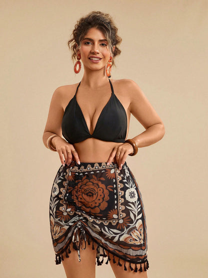 Travachic Plus Size Women's Summer Short Cover-Up Skirt, Tropical Beach Vacation Casual Wear, Ruched Tassel Colorful Paisley Pattern Stretch Knit Mesh Fabric