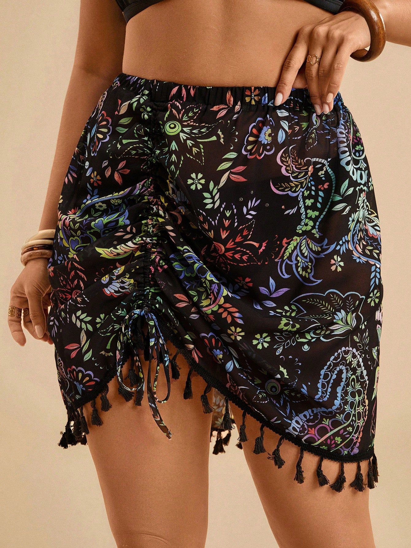 Travachic Plus Size Women's Summer Short Cover-Up Skirt, Tropical Beach Vacation Casual Wear, Ruched Tassel Colorful Paisley Pattern Stretch Knit Mesh Fabric