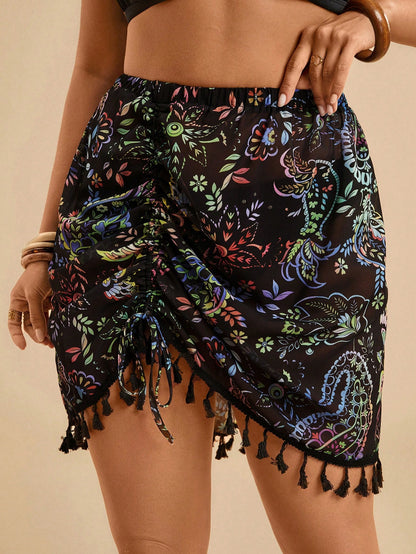 Travachic Plus Size Women's Summer Short Cover-Up Skirt, Tropical Beach Vacation Casual Wear, Ruched Tassel Colorful Paisley Pattern Stretch Knit Mesh Fabric