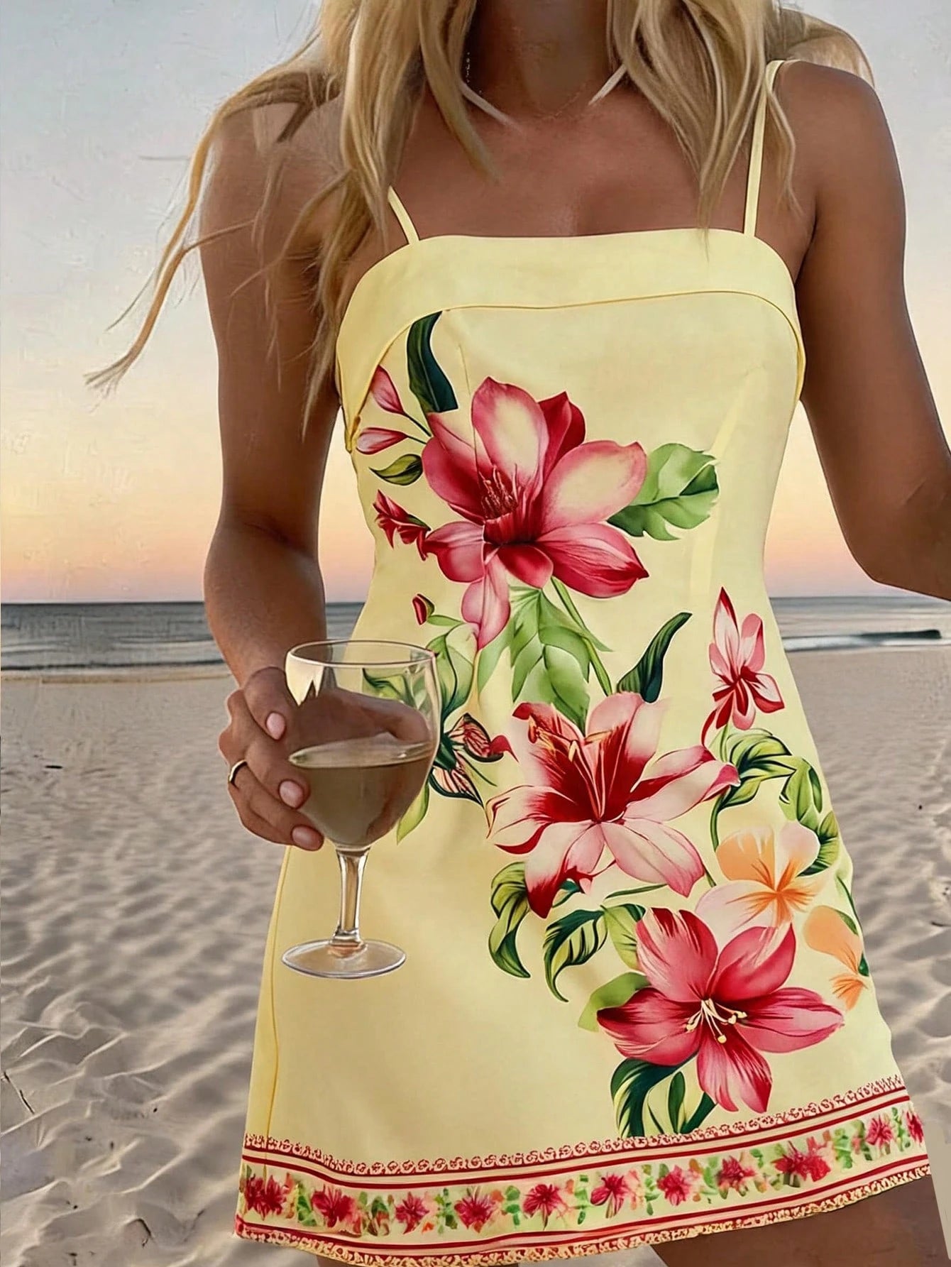 Travachic Women's Casual Tropical Floral Print Spaghetti Strap Dress For Vacation Summer Holiday Outfits For Women Vacation Pink Yellow