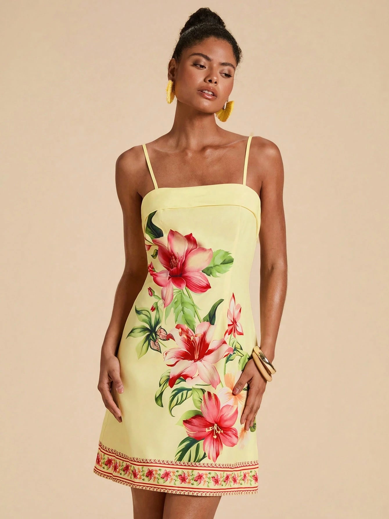 Travachic Women's Casual Tropical Floral Print Spaghetti Strap Dress For Vacation Summer Holiday Outfits For Women Vacation Pink Yellow