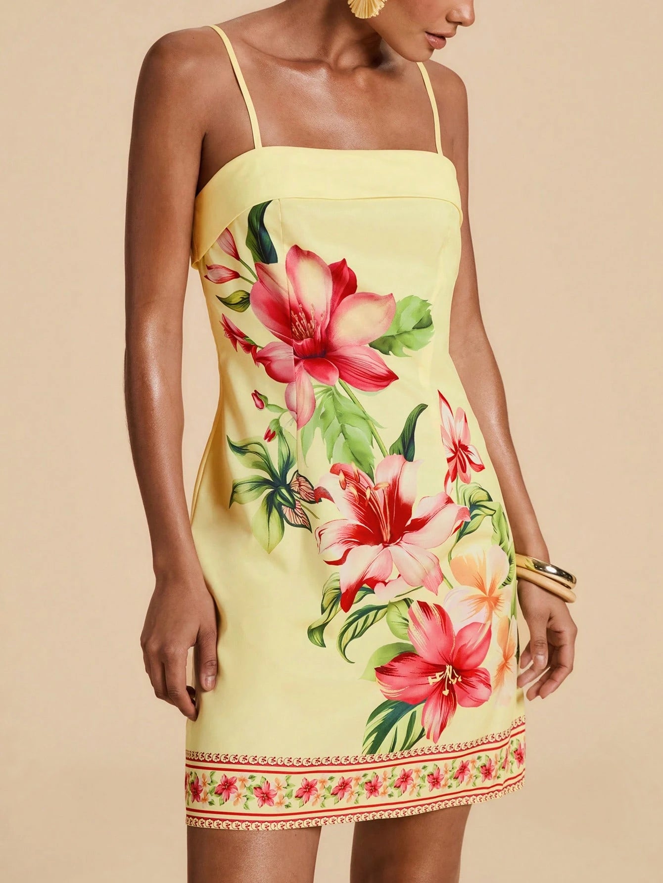 Travachic Women's Casual Tropical Floral Print Spaghetti Strap Dress For Vacation Summer Holiday Outfits For Women Vacation Pink Yellow