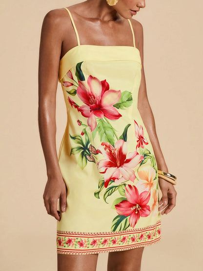 Travachic Women's Casual Tropical Floral Print Spaghetti Strap Dress For Vacation Summer Holiday Outfits For Women Vacation Pink Yellow