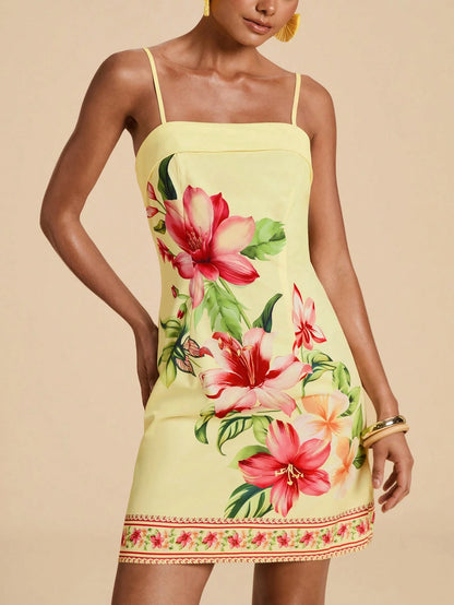 Travachic Women's Casual Tropical Floral Print Spaghetti Strap Dress For Vacation Summer Holiday Outfits For Women Vacation Pink Yellow