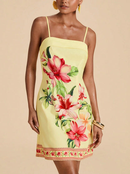 Travachic Women's Casual Tropical Floral Print Spaghetti Strap Dress For Vacation Summer Holiday Outfits For Women Vacation Pink Yellow