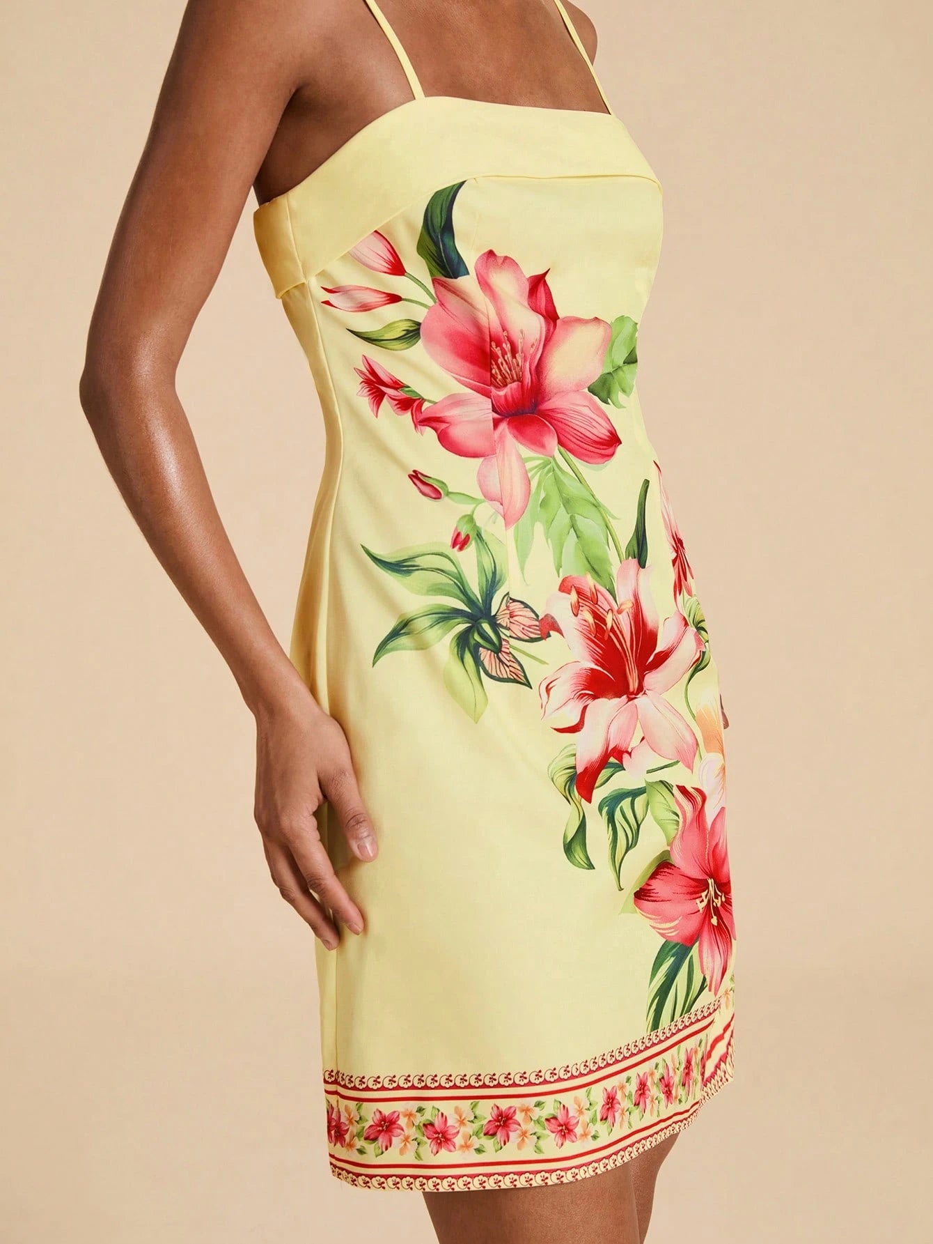 Travachic Women's Casual Tropical Floral Print Spaghetti Strap Dress For Vacation Summer Holiday Outfits For Women Vacation Pink Yellow