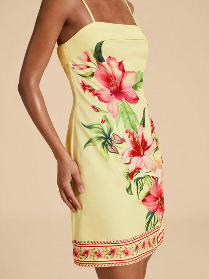 Travachic Women's Casual Tropical Floral Print Spaghetti Strap Dress For Vacation Summer Holiday Outfits For Women Vacation Pink Yellow