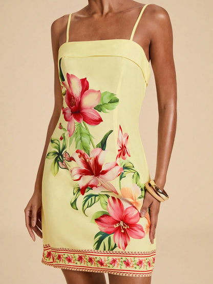 Travachic Women's Casual Tropical Floral Print Spaghetti Strap Dress For Vacation Summer Holiday Outfits For Women Vacation Pink Yellow