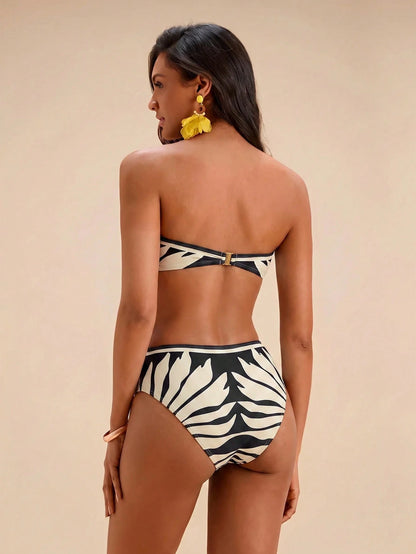 Travachic Women's Tropical Plant Print Bandeau Top And Triangle Bikini Bottom Swimsuit Set For Beach Vacation