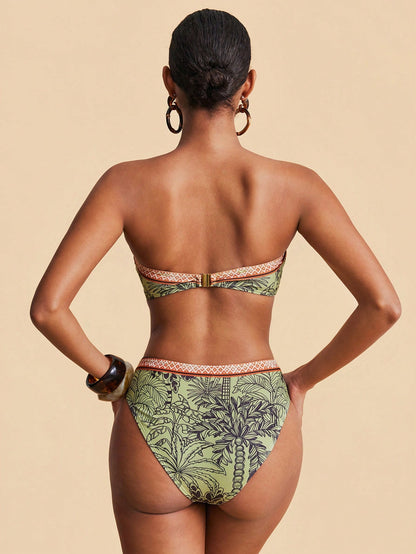 Travachic Women's Tropical Plant Print Bandeau Top And Triangle Bikini Bottom Swimsuit Set For Beach Vacation