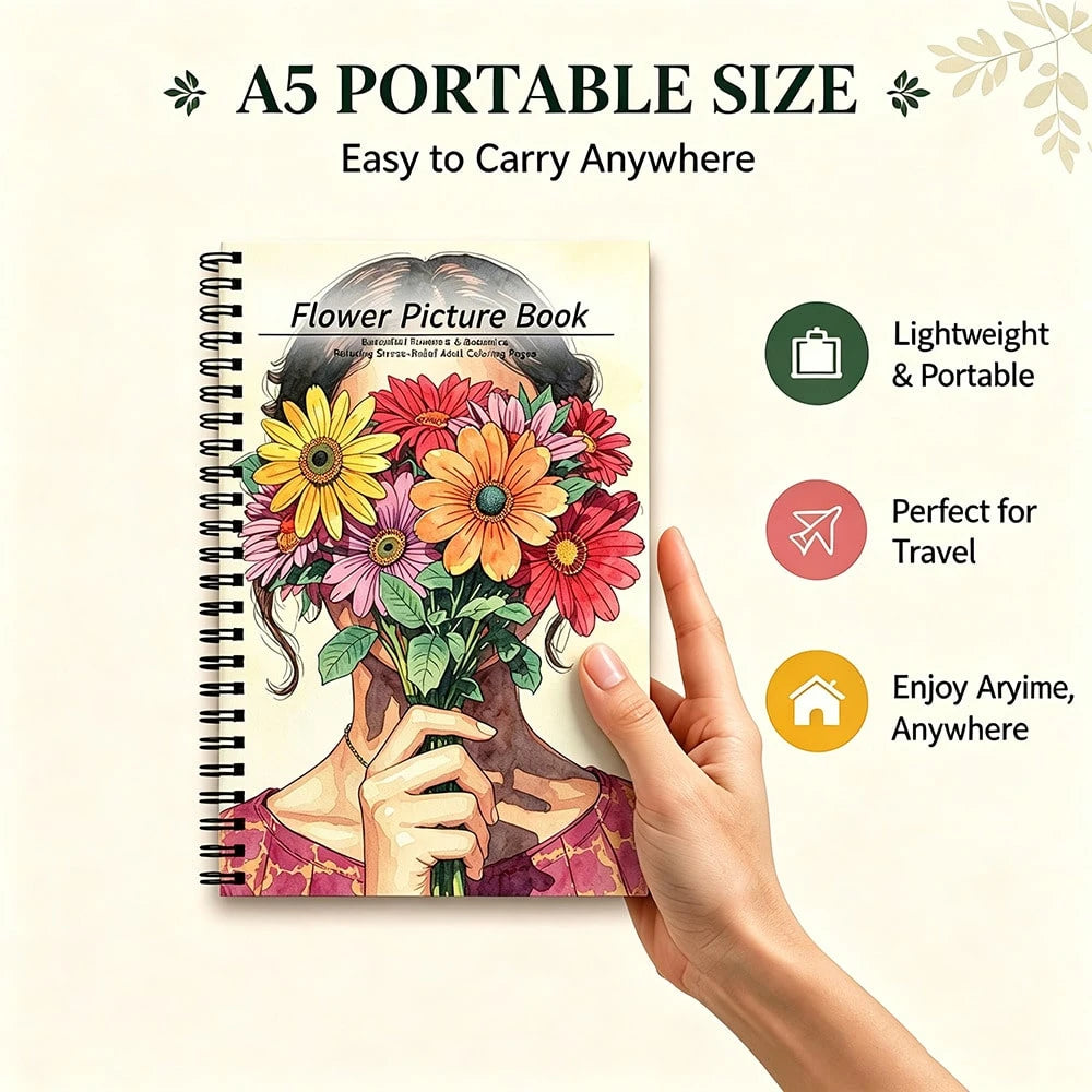 Travel Size Floral Adult Picture Book, A5 Spiral Bound Pocket Notebook With Thick No-Bleed Paper For Stress Relief