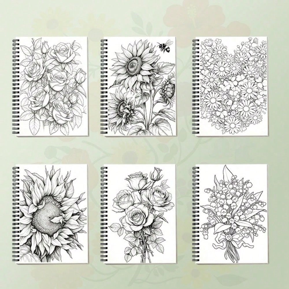 Travel Size Floral Adult Picture Book, A5 Spiral Bound Pocket Notebook With Thick No-Bleed Paper For Stress Relief