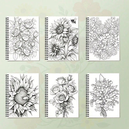 Travel Size Floral Adult Picture Book, A5 Spiral Bound Pocket Notebook With Thick No-Bleed Paper For Stress Relief