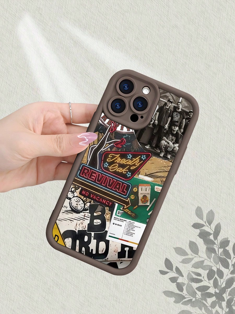 Treaty Oak Revival Band Graphic Phone Case Compatible With IPhone 17 16 15 14 13 12 11 7 X Pro Max, Country Music Rock Aesthetic Collage, Cream Beige Frame Soft Silicone Shockproof Protective Cover