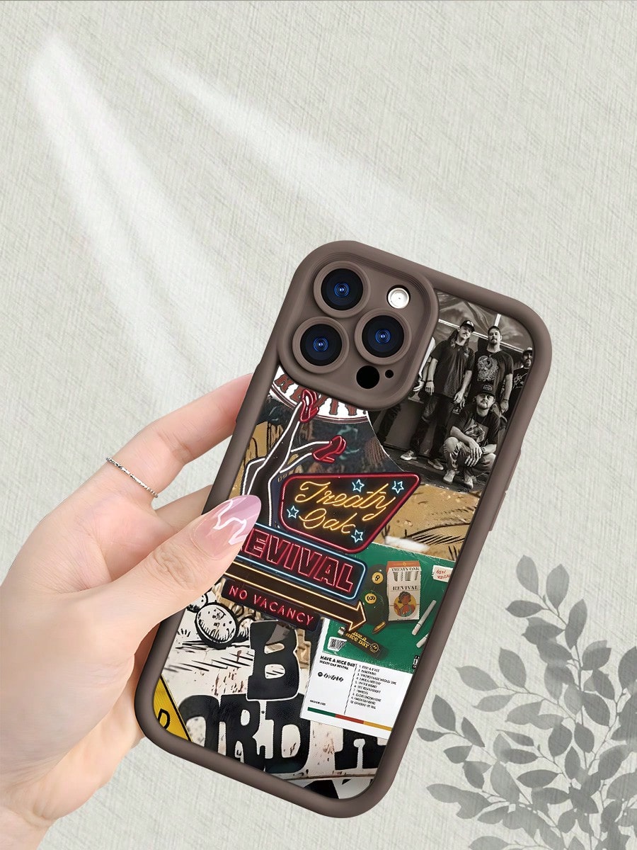 Treaty Oak Revival Band Graphic Phone Case Compatible With IPhone 17 16 15 14 13 12 11 7 X Pro Max, Country Music Rock Aesthetic Collage, Cream Beige Frame Soft Silicone Shockproof Protective Cover