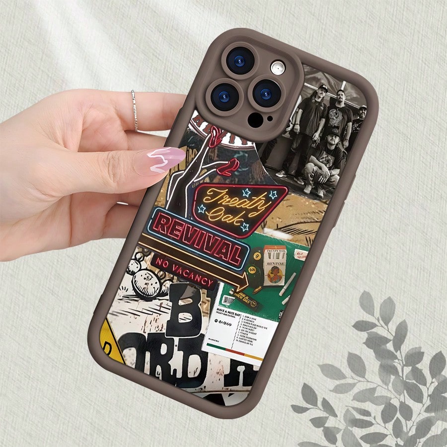 Treaty Oak Revival Band Graphic Phone Case Compatible With IPhone 17 16 15 14 13 12 11 7 X Pro Max, Country Music Rock Aesthetic Collage, Cream Beige Frame Soft Silicone Shockproof Protective Cover