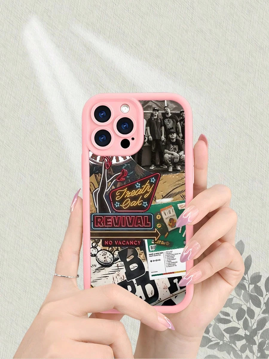 Treaty Oak Revival Band Graphic Phone Case Compatible With IPhone 17 16 15 14 13 12 11 7 X Pro Max, Country Music Rock Aesthetic Collage, Cream Beige Frame Soft Silicone Shockproof Protective Cover