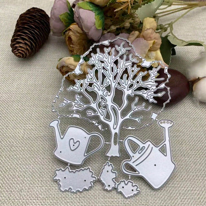 Tree-Shaped Metal Die-Cut Set, Tree And Watering Can Frame Cutting Molds, DIY Photo Decoration Templates, Embossed Paper Molds, Suitable For Scrapbooking And Card Making.