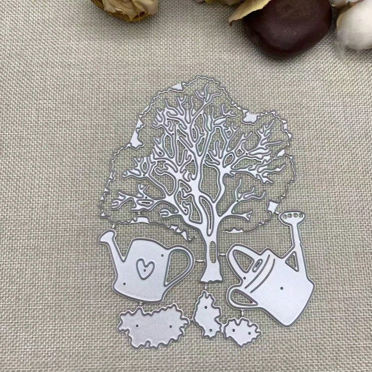 Tree-Shaped Metal Die-Cut Set, Tree And Watering Can Frame Cutting Molds, DIY Photo Decoration Templates, Embossed Paper Molds, Suitable For Scrapbooking And Card Making.