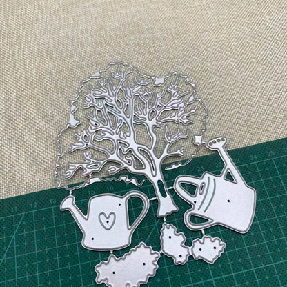 Tree-Shaped Metal Die-Cut Set, Tree And Watering Can Frame Cutting Molds, DIY Photo Decoration Templates, Embossed Paper Molds, Suitable For Scrapbooking And Card Making.