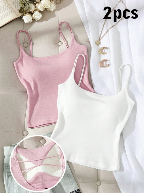 Tseoso 2 Packs Women's Ribbed Camisole Tops With Built-In Padded Bra,White And Pink,Summer,Casual,Everyday Versatile Tank Tops,Cozy Soft Girl Style For Gym