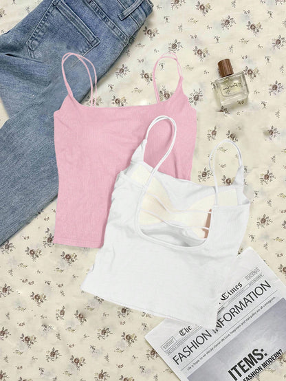 Tseoso 2 Packs Women's Ribbed Camisole Tops With Built-In Padded Bra,White And Pink,Summer,Casual,Everyday Versatile Tank Tops,Cozy Soft Girl Style For Gym