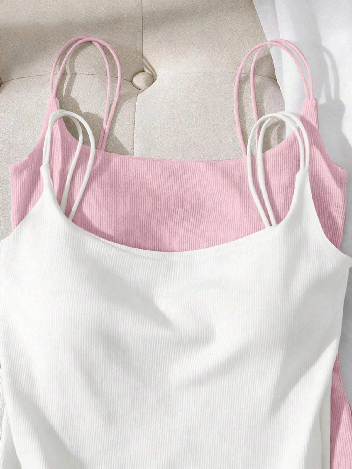 Tseoso 2 Packs Women's Ribbed Camisole Tops With Built-In Padded Bra,White And Pink,Summer,Casual,Everyday Versatile Tank Tops,Cozy Soft Girl Style For Gym