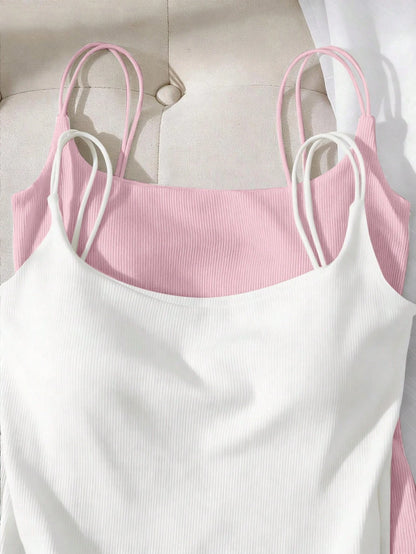 Tseoso 2 Packs Women's Ribbed Camisole Tops With Built-In Padded Bra,White And Pink,Summer,Casual,Everyday Versatile Tank Tops,Cozy Soft Girl Style For Gym