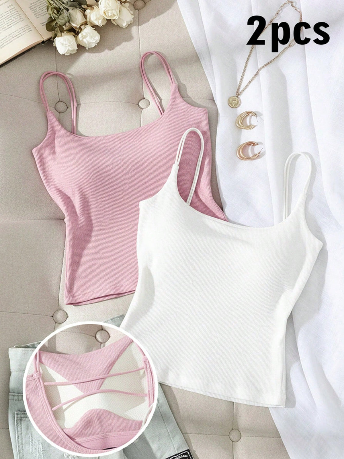 Tseoso 2 Packs Women's Ribbed Camisole Tops With Built-In Padded Bra,White And Pink,Summer,Casual,Everyday Versatile Tank Tops,Cozy Soft Girl Style For Gym