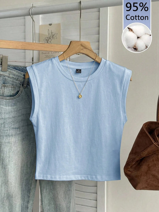 Tseoso 95% Cotton Women's Casual Round Neck Cropped Sleeveless Tank Top Suitable For Summer Light Blue