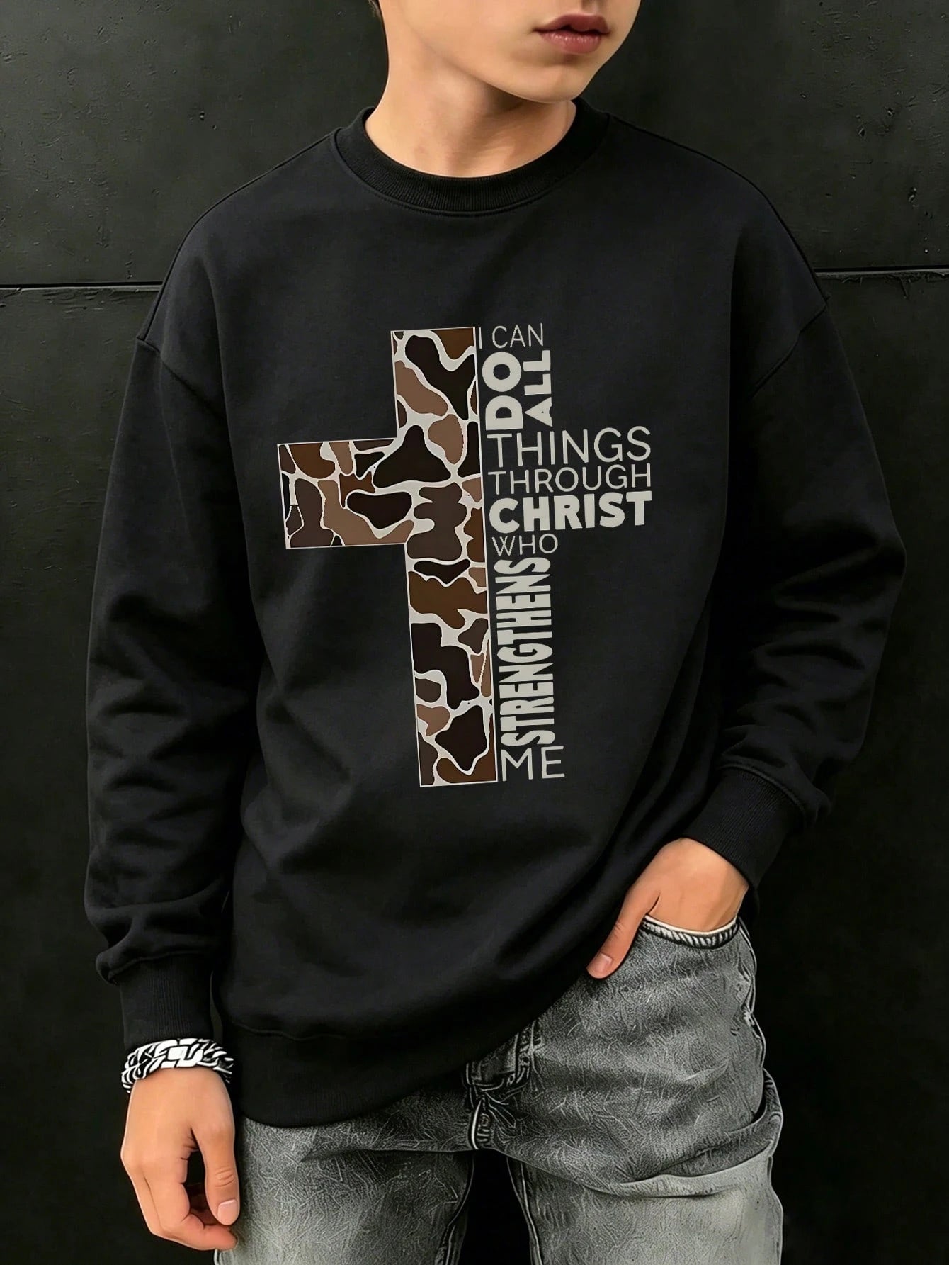 Tween Boy Warm Crewneck Sweatshirt, Kids' Autumn/Winter Long Sleeve Top, Student Casual Wear, Street/Casual/Designer/Daily/Sporty/Fashion/Preppy
