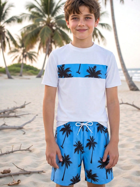 Tween Boys 2 Pieces Swimwear Set,White Funny Graphic Print Top And Swim Trunks,Summer Beach Vacation Holiday Rash Guard,Casual Cool Pool Outfits