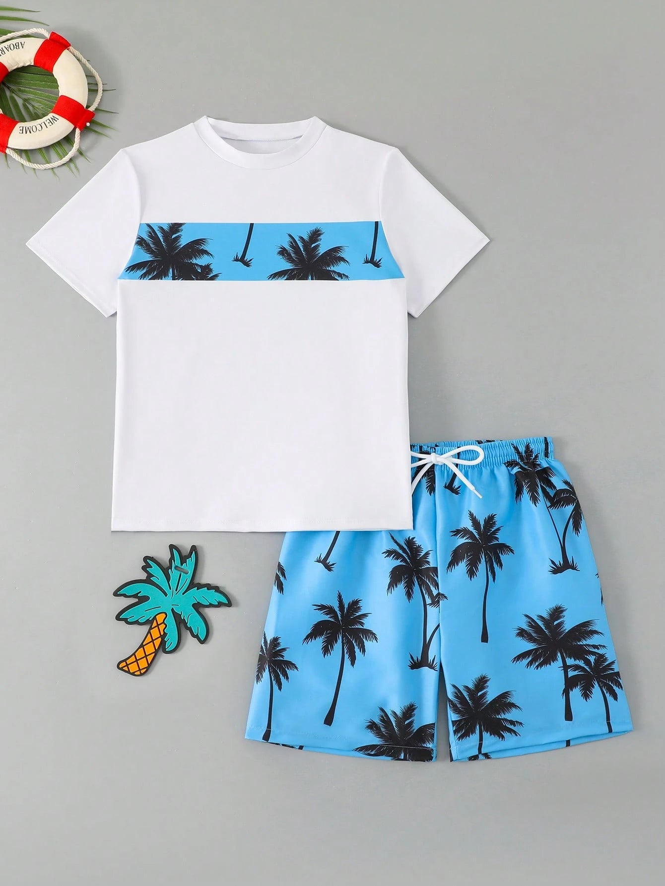 Tween Boys 2 Pieces Swimwear Set,White Funny Graphic Print Top And Swim Trunks,Summer Beach Vacation Holiday Rash Guard,Casual Cool Pool Outfits