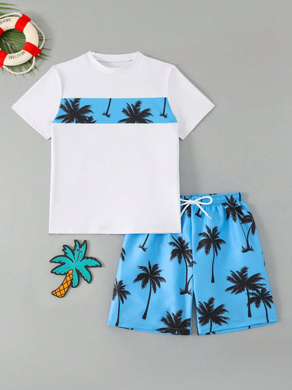 Tween Boys 2 Pieces Swimwear Set,White Funny Graphic Print Top And Swim Trunks,Summer Beach Vacation Holiday Rash Guard,Casual Cool Pool Outfits