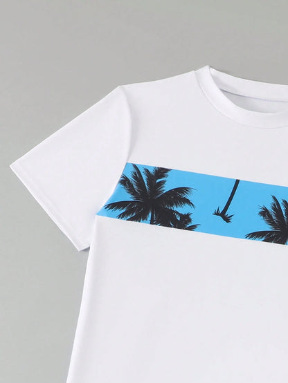 Tween Boys 2 Pieces Swimwear Set,White Funny Graphic Print Top And Swim Trunks,Summer Beach Vacation Holiday Rash Guard,Casual Cool Pool Outfits