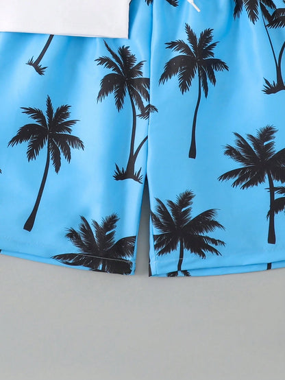 Tween Boys 2 Pieces Swimwear Set,White Funny Graphic Print Top And Swim Trunks,Summer Beach Vacation Holiday Rash Guard,Casual Cool Pool Outfits