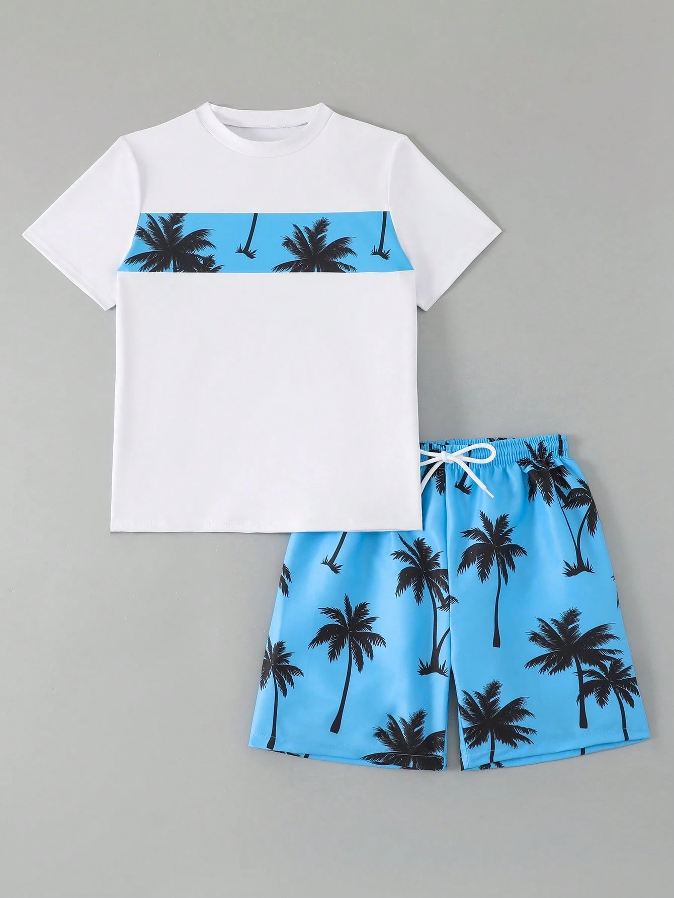 Tween Boys 2 Pieces Swimwear Set,White Funny Graphic Print Top And Swim Trunks,Summer Beach Vacation Holiday Rash Guard,Casual Cool Pool Outfits