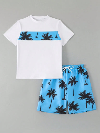 Tween Boys 2 Pieces Swimwear Set,White Funny Graphic Print Top And Swim Trunks,Summer Beach Vacation Holiday Rash Guard,Casual Cool Pool Outfits