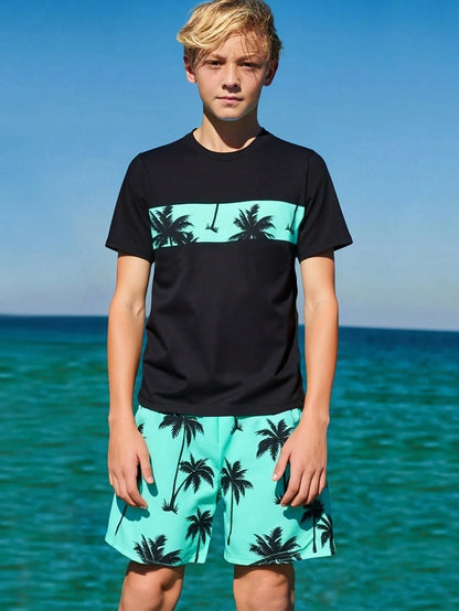 Tween Boys 2 Pieces Swimwear Set,White Funny Graphic Print Top And Swim Trunks,Summer Beach Vacation Holiday Rash Guard,Casual Cool Pool Outfits