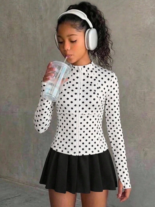 Tween Girl Tween Girl All Season Sports Sun Protection Jacket, Vintage Polka Dot Print Zip-Up Jacket, Slim Fit Running Gym Yoga Workout Jacket, Spring Fall