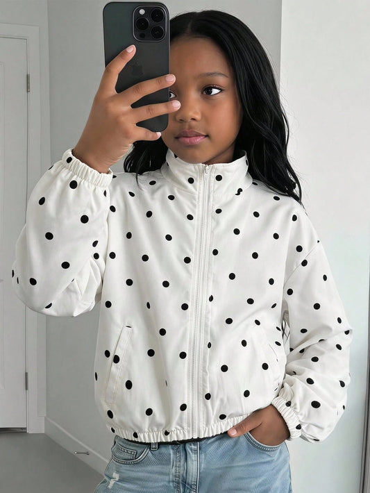 Tween Girl Tween Girls Coats Autumn New Polka Dot Pattern Loose Stand Collar Jacket